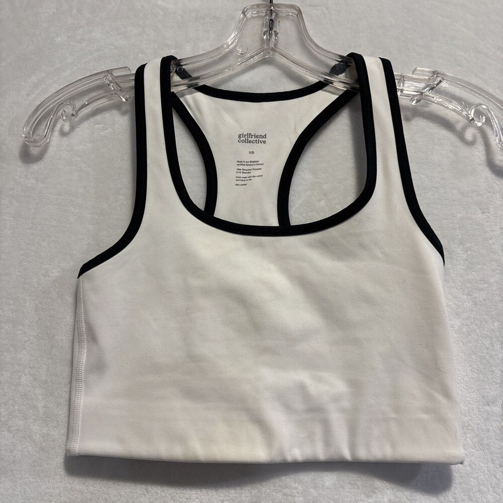 Girlfriend Collective White Paloma Racerback Sports Bra XS White Black Piping
